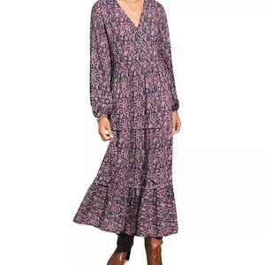 Faherty Isabella Tiered Purple Boho Floral Maxi Dress XS